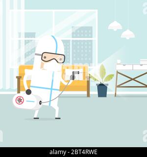 Personale medico con attrezzatura di protezione individuale (DPI) completa per la pulizia e la disinfezione per prevenire COVID-19 in casa. Illustrazione Vettoriale