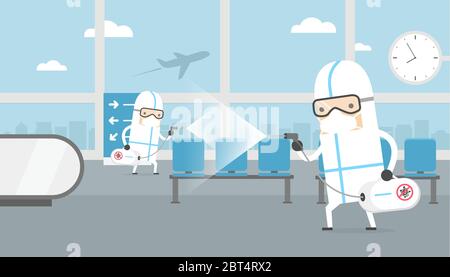 Personale medico con dispositivi di protezione individuale (DPI) completi per la pulizia e la disinfezione per evitare COVID-19 nel terminal aeroportuale. Illustrazione Vettoriale