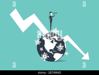 Uomo d'affari in piedi su un globo pieno di virus epidemie e che trasporta binocolo. Global Economic Downfall a causa della pandemia del virus Corona. Illustrazione Vettoriale