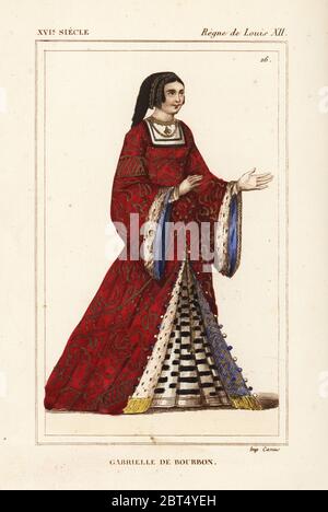 Gabrielle de Bourbon, moglie di Luigi II di La Trimouille, scrittore di spirituals, d. 1516. Litografia Handcolored dopo una miniatura raffigurante la corte di re Luigi XII di Roger de Gaignieres portfolio VII 142 da Le Bibliophile Jacob aka Paul Lacroix i costumi Historiques de la France (costumi storici della Francia), Amministrazione de Librairie, Parigi, 1852. Foto Stock