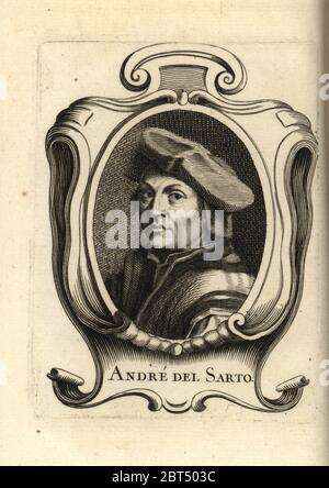 Ritratto di Andrea del Sardo, pittore italiano dell'Alto Rinascimento e dei primi anni del manierismo 1486-1530. Andre del Sardo. Incisione su copperplate dopo un autoritratto di Andrea del Sardo da Antoine-Joseph Dezallier dArgenvilles Abrege de la vie des Plus fameux peintres, vite dei più famosi artisti, de Bure Laine, Parigi, 1762. Foto Stock