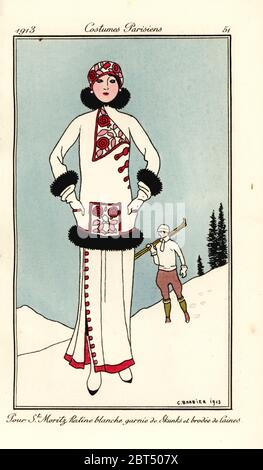 Donna in abito per St. Moritz in fregio bianco con rifiniture in pelle e ricamo in lana. Pour St. Maritz ratine blanche garnie de skunks et brodee de laine. Incisione di un pochoir colorato a mano (stencil) dopo un'illustrazione di George Barbier da Tommaso Antonginis Journal des Dames et des Modes, Aux Bureaux du Journal des Dames, Parigi, 1913. Foto Stock