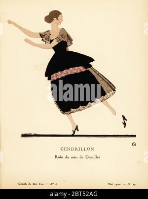 Donna in abito da sera di taffeta nera decorata con creton e pizzo Chantilly. Cenerentola. Cendrillon. Robe du soir, de D½uillet, en taffetas noir, garnie d'applications de creton, recouverte de Chantilly. Litografia di Andre Marty di Lucien Vogels le Bon Genre: 100 piatti da Gazette du Bon Ton, Brentanos, Parigi, 1920. Foto Stock