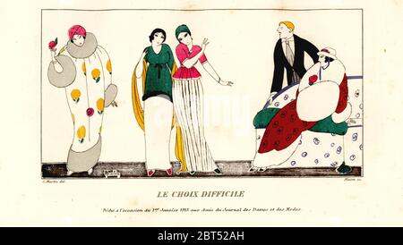 Donna alla moda che sceglie un nuovo vestito in un salone. La scelta difficile. Le choix difficile. Incisione di un pochoir colorato a mano (stencil) di Maire dopo un'illustrazione di George Barbier da Tommaso Antonginis Journal des Dames et des Modes, Aux Bureaux du Journal des Dames, Parigi, 1912. Foto Stock