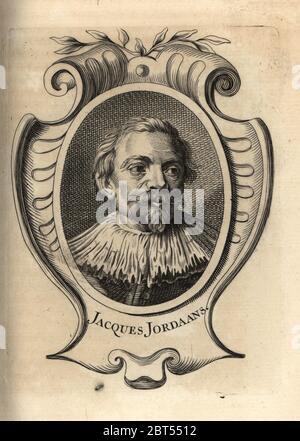 Ritratto di Jacob Jordaens, pittore fiammingo, disegnatore e disegnatore di arazzi 1593-1678. Jacques Jordaans. Incisione su copperplate dopo un ritratto di Anthony Van Dyck di Antoine-Joseph Dezallier dArgenvilles Abrege de la vie des Plus fameux peintres, vite dei più famosi artisti, de Bure Laine, Parigi, 1762. Foto Stock