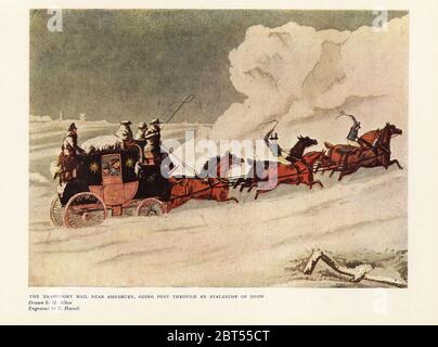 Il Devonport Mail pullman vicino Amesbury, che va posta attraverso una valanga di neve, 1837. Pullman a sei cavalli con sei guardie e passeggeri interessati che guardano fuori dal finestrino. Stampa a colori dopo un'incisione di R. Havell da un'illustrazione di Henry Alken in Ralph Nevills Old Sporting Prints, The Connoisseur Magazine, Londra, 1908. Foto Stock