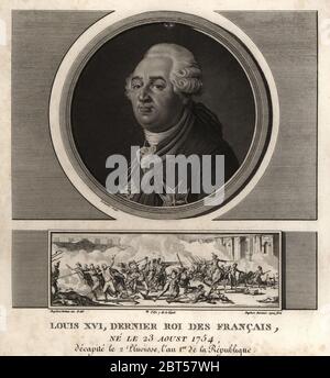 Il Re Luigi XVI, ultimo re dei Francesi. Vignette mostra l'assalto al palazzo delle Tuileries, 10 agosto 1792. Mezzatinta disegnato e inciso da Jean Duplessis-Bertaux dalla sua collezione completa de 60 ritratti des Personnages qui ont le plus figura dans la Rivoluzione Francaise, Auber, coppie, 1800. Ritratto inciso da Charles Francois Gabriel Levachez. Foto Stock