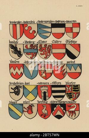 Ecu o stemmi della nobiltà Tedesca del XV secolo. Chromolithograph da Loredan Larchey's Ancien Armorial Equestre de la Toison d'Or et de l'Europe au 15e siecle (Antica Armorials equestre dell'ordine del vello d'oro e l'Europa nel XV secolo), Parigi, 1890. Dal manoscritto illustrato 4790 nella Bibliotheque de l'Arsenal. Foto Stock