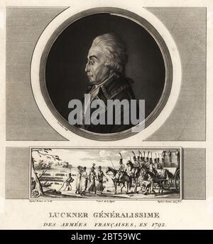 Conte Nicolas Luckner, rivoluzionaria francese generale, Generalissime des Armees Francaises, eseguito nel 1794. Vignette mostra il suo arresto su un campo di battaglia. Mezzatinta disegnato e inciso da Jean Duplessis-Bertaux dalla sua collezione completa de 60 ritratti des Personnages qui ont le plus figura dans la Rivoluzione Francaise, Auber, coppie, 1800. Ritratto inciso da Charles Francois Gabriel Levachez. Foto Stock