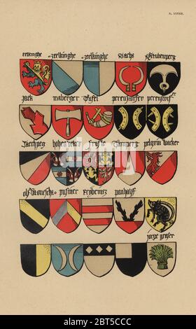 Ecu o stemmi della nobiltà Tedesca del XV secolo. Chromolithograph da Loredan Larchey's Ancien Armorial Equestre de la Toison d'Or et de l'Europe au 15e siecle (Antica Armorials equestre dell'ordine del vello d'oro e l'Europa nel XV secolo), Parigi, 1890. Dal manoscritto illustrato 4790 nella Bibliotheque de l'Arsenal. Foto Stock