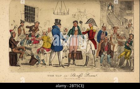 Signore irlandese nel froftons whisky e birreria bar nella prigione di Dublino, 1821. Brian Boru in bancarotta con i suoi amici nel taproom bere con criminali e debitori. The Tap nella prigione di Sheriffs. Incisione a mano da Pierce Egans Real Life in Irlanda, o le scene di giorno e notte, rovings, Rambles, e sprees, Bulls, Blunders, Bodderation e Blarney, di Brian Boru Esq., e il suo elegante amico Sir Shawn Odogherty, pubblicato da William Evans, Londra, 1829. Foto Stock