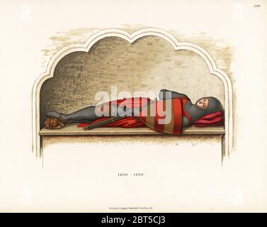 Costume di un cavaliere inglese, inizio del XIII secolo. Dall'effige di Robert Harcourt, morì 1205, cattedrale di Worcester. Chromolithograph da Hefner-Alteneck i costumi, opere d'arte e apparecchi dal Medioevo fino al XVII secolo, Francoforte, 1889. Illustrazione dal dottor Jakob Heinrich von Hefner-Alteneck, litografata da C.R. Il dott. Hefner-Alteneck (1811 - 1903) era un museo tedesco curatore, archeologo, storico dell'arte, illustratore e incisore. Foto Stock