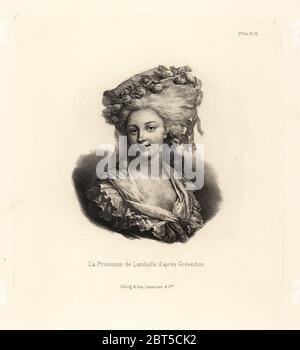 Ritratto di Maria-Louise Teresa di Savoia-Carignan, Princesse de Lamballe. La Princesse de Lamballe dapres Grevedon. Litografia di Henri Grevedon da Fashions e Dogana di Maria Antonietta e dei suoi tempi, di le Comte de Reiset, Parigi, 1885. Il giornale di Madame Eloffe, dressaker e mercantile di lino alla Regina e Signore della corte. Foto Stock