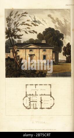 Pianta e elevazione di una villa Regency. Piano terra mostra sale da disegno, sala da pranzo e studio. Incisione a mano su copperplate dal Rudolph Ackermanns Repository of Arts, Londra, 1817. Foto Stock