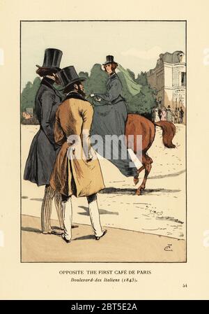 Di fronte al primo Cafe de Paris, Boulevard des Italiens, 1845. Due dandies con bearded in redingote e cappelli superiori guardano una donna in lungo abito da cavallo sella laterale su un cavallo. Il caffè era uno dei numerosi ristoranti popolari sul viale. Litografia colorata a mano di R.V. dopo un'illustrazione di Francois Courboin da Octave Uzannes Fashion a Parigi, William Heinemann, Londra, 1898. Foto Stock