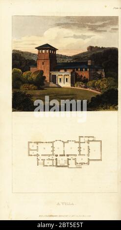 Pianta e elevazione di una villa degli artisti della reggenza. Piano terra mostra ingresso a, anticamera B, galleria di immagini C, sala pittura D, sala da disegno F, sala da pranzo G, dispensa K, ingresso servi L, cucina M, sculleria N, larder O. incisione a mano su copperplate dal Rudolph Ackermanns Repository of Arts, Londra, 1817. Foto Stock