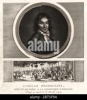 Camille Desmoulins, Depute de Parigi a la Convenzione Nationale, d. 1794. Mostra di vignette lui offrendo un discorso su un tavolo nel Palais Royal (Palais Egalite). Mezzatinta disegnato e inciso da Jean Duplessis-Bertaux dalla sua collezione completa de 60 ritratti des Personnages qui ont le plus figura dans la Rivoluzione Francaise, Auber, coppie, 1800. Ritratto inciso da Charles Francois Gabriel Levachez. Foto Stock