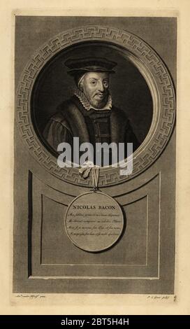 Sir Nicholas Bacon, Signore custode del Grande Sigillo, politico inglese. Nicolas Bacon. Incisione su copperplate di Pieter Stevens van Gunst dopo Adriaen van der Werff da Isaac de Larreys Histoire dAngleterre, dEcosse et dIrlande, Amsterdam, 1730. Foto Stock