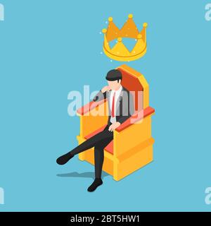 Uomo d'affari isometrico 3D piatto seduto sul trono con corona sulla testa. Leader aziendale e concetto di successo. Illustrazione Vettoriale