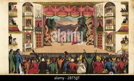 Regency si dandie nelle bancarelle guardando una tragedia nel Theatre Royal, Drury Lane, Londra. Una casa piena per guardare il Signore Byrons vietato giocare il doge di Venezia. Progettato dall'architetto Benjamin Wyatt. Incisione di un copperplate colorato a mano dopo un'illustrazione di William Heath da Real Life a Londra, o, l'ulteriore Rambles e avventure di Bob Tallyho, Esq. E suo cugino l'on. Tom Dashall, attraverso la Metropolis, Jones, Londra 1821. Anonima imitazione di Pierce Egans Life a Londra. Foto Stock