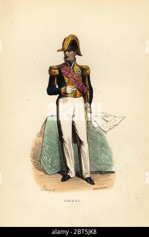 Uniforme di un ammiraglio o amiral nella Marina Francese, 1844. Stampa a blocchi di legno colorato a mano di Pauquet dopo Andre castan da Eugene paninis Marine, arsenaux, naviges, equipages, navigazione, atteraggi, pettini, L. Curmer, Parigi, 1844. Foto Stock