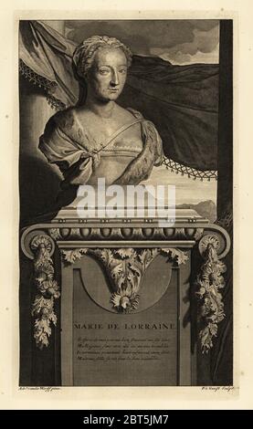 Busto di Maria di Guisa, o Maria di Lorena, Regina consorte di Giacomo V e successivamente Reggente di Scozia. Marie de Lorraine. Incisione su copperplate di Pieter Stevens van Gunst dopo Adriaen van der Werff da Isaac de Larreys Histoire dAngleterre, dEcosse et dIrlande, Reinier Leers, Rotterdam, 1713. Foto Stock