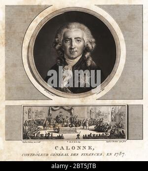 Charles Alexandre de Calonne, il controllore generale delle finanze, 1734-1802. Mezzatinta disegnato e inciso da Jean Duplessis-Bertaux dalla sua collezione completa de 60 ritratti des Personnages qui ont le plus figura dans la Rivoluzione Francaise, Auber, coppie, 1800. Ritratto di Madame Le Brun incisa da Charles Francois Gabriel Levachez. Vignette mostra il gruppo dei notabili 1787. Foto Stock