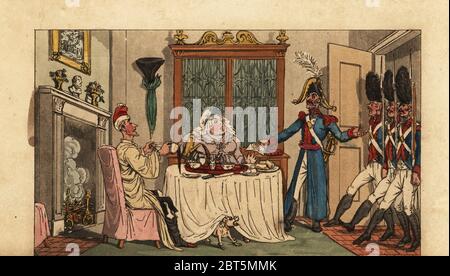 I turisti inglesi arrestati nella loro camera d'hotel a colazione da un ufficiale francese e tre moschettieri. Sintassi medico allarmato da una visita domiciliare. Copperplate Handcolored disegnato e inciso da Charles Williams dal medico sintassi in Parigi; o un Tour in cerca del grottesco, W. Wright, Londra, 1820. Foto Stock