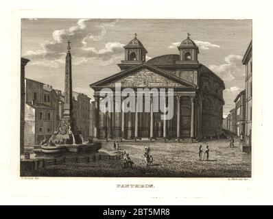 Vista del Pantheon e Fontana del Pantheon di Roma. Incisione su rame di A. Parboni dopo una illustrazione da Sylvestro Bossi da Achille Parboni la nuova raccolta delle principali vedute antiche e moderne della città di Roma, 1830. Foto Stock