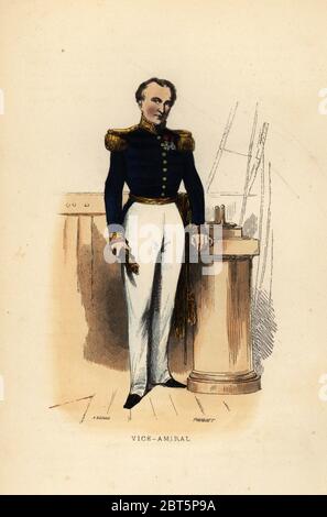 Uniforme di un vice ammiraglio o vice-amiral nella Marina militare francese, 1844. Stampa a blocchi di legno colorato a mano di Pauquet dopo A. Gusman da Eugene paninis Marine, arsenaux, naviges, equipages, navigazione, atteraggi, pettini, L. Curmer, Parigi, 1844. Foto Stock