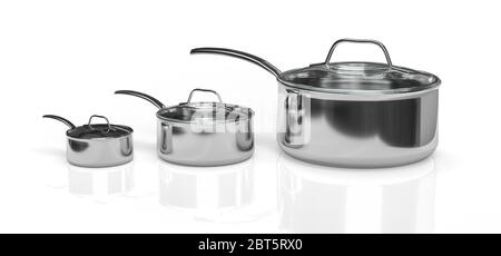 Un set di pentole per zuppe. Isolato su bianco con riflessione. Rendering 3D. Foto Stock