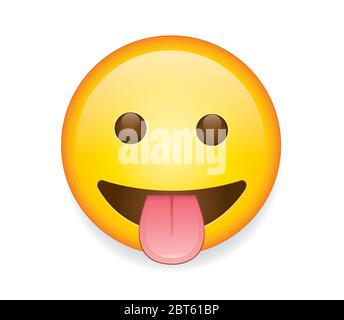 Emoticon di alta qualità, Emoticon Crazy emoji con lingua bloccata isolata su sfondo bianco. Emotji viso giallo con bocca aperta, lingua, occhi e vettore sorriso Illustrazione Vettoriale