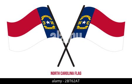 Due attraversate ondeggianti bandiera del North Carolina su isolato sfondo bianco. Illustrazione vettoriale della bandiera degli Stati Uniti (USA). Illustrazione Vettoriale