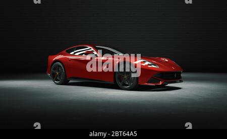 VERONA, ITALIA - 01 MAGGIO 2020: Ferrari F12 Berlinetta su sfondo nero. rendering 3d Foto Stock