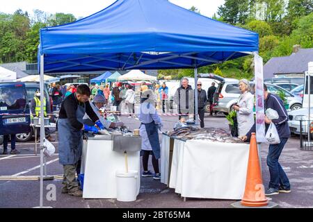 Skibbereen, West Cork, Irlanda, 23 maggio 2020. Il mercato contadino del sabato a Skibbereen si è aperto oggi per la prima volta da quando il blocco ha fermato i detentori di stalle di mercato che commerciano più di 2 mesi fa. Credit aphperspective/ Alamy Live News Foto Stock