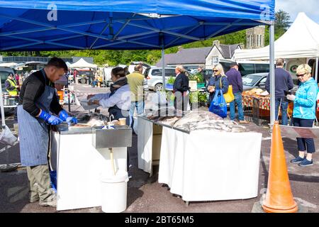 Skibbereen, West Cork, Irlanda, 23 maggio 2020. Il mercato contadino del sabato a Skibbereen si è aperto oggi per la prima volta da quando il blocco ha fermato i detentori di stalle di mercato che commerciano più di 2 mesi fa. Credit aphperspective/ Alamy Live News Foto Stock