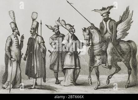 Impero Ottomano. Turchia. Truppe turche dal 1540 al 1580. Historia de Turquia, 1840. Incisione di Lemaitre e Masson. Historia de Turquia, di Joseph Marie Jouannin (1783-1844) e Jules Van Gaver, 1840. Foto Stock