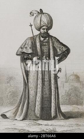 Suleyman il magnifico (1494-1566). Sultano dell'Impero Ottomano dal 1520 al 1566. Incisione di Lemaitre e Masson. Historia de Turquia di Joseph Marie Jouannin (1783-1844) e Jules Van Gaver, 1840. Foto Stock