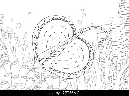 Colorazione. Libro da colorare. Libro da colorare con una foto di un manto stingray in stile zentangle. Disegno di schizzo a mano libera anti-sollecitazione. Illustrazione vettoriale Illustrazione Vettoriale