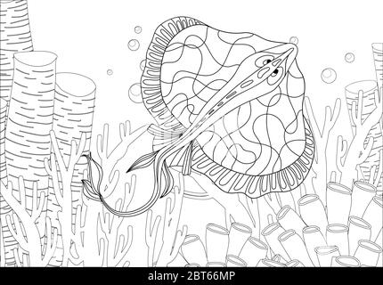 Colorazione. Libro da colorare. Libro da colorare con una foto di un manto stingray in stile zentangle. Disegno di schizzo a mano libera anti-sollecitazione. Illustrazione vettoriale Illustrazione Vettoriale