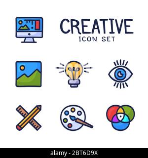 Creatività disegnata a mano icone di linea di disegno grafico e web. Palette di icone vettoriali di doodle di Cartoon, idea di bulbo, matita, righello, monitor, arte e altro Illustrazione Vettoriale
