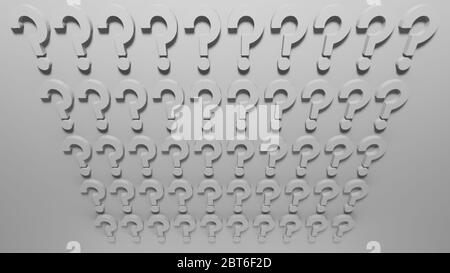 Serie di punti interrogativi allineati in linea e in ordine su sfondo bianco, rendering 3d, illustrazione rappresentata, sfondo concettuale digitale, risoluzione 4K Foto Stock