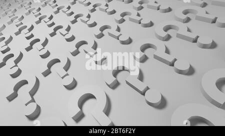 Serie di punti interrogativi allineati in linea e in ordine su sfondo bianco, rendering 3d, illustrazione rappresentata, sfondo concettuale digitale, risoluzione 4K Foto Stock