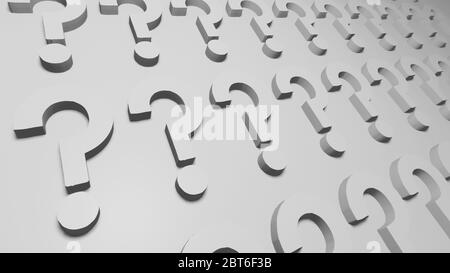 Serie di punti interrogativi allineati in linea e in ordine su sfondo bianco, rendering 3d, illustrazione rappresentata, sfondo concettuale digitale, risoluzione 4K Foto Stock