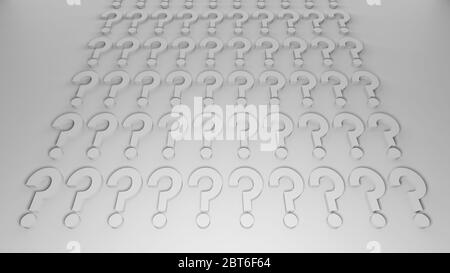 Serie di punti interrogativi allineati in linea e in ordine su sfondo bianco, rendering 3d, illustrazione rappresentata, sfondo concettuale digitale, risoluzione 4K Foto Stock