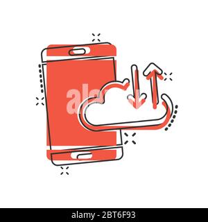 Smartphone con icona cloud in stile fumetto. Illustrazione vettoriale cartoon archiviazione rete telefonica su sfondo bianco isolato. Effetto splash backup online Illustrazione Vettoriale