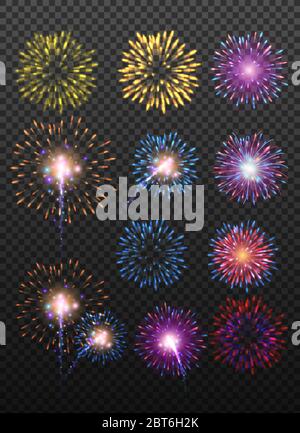 Festoso fuoco realistico scoppiare in varie forme scintillanti pittogrammi set su sfondo nero astratto vettore isolato illustrazione Illustrazione Vettoriale