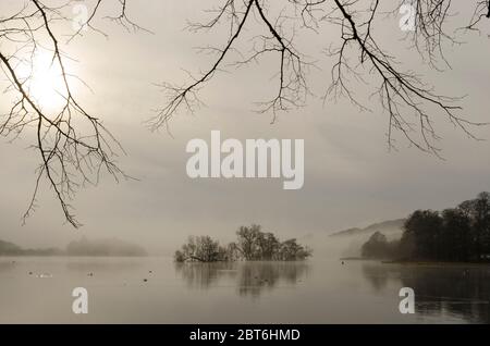 Carlingwark Loch in mattina nebbia, Castello Douglas Foto Stock