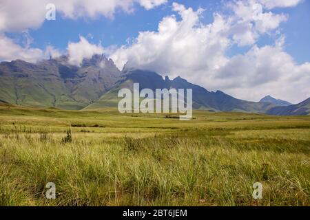 Cathkin Peak e Sterkhorn montagne del Drakensberg, avvolto in basse nuvole Foto Stock