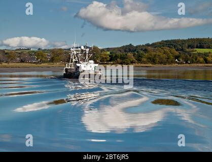 La barca da pesca con draga di capesante ritorna al porto pesantemente carico, Kirkcudbright, estuario del Dee Foto Stock